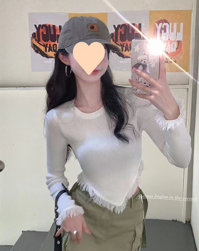 Dopamine tops Free shipping Tattoo Autumn and winter pure desire Su irregular knitted sweater top women's design sense slim fit sweet cool long sleeve short style tide