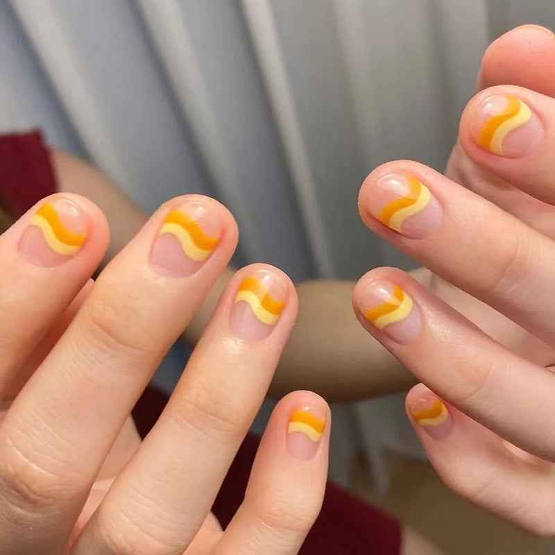 橘黄线条穿戴甲ins指甲贴片批发美甲贴片短甲假指甲外贸nails