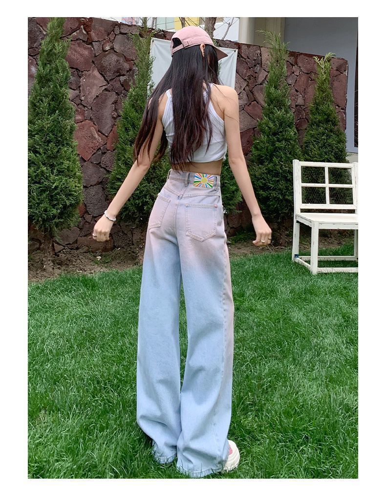 Free shipping Gradual change color design sense blush jeans women's summer dopamine loose and thin straight versatile high waist wide leg pants