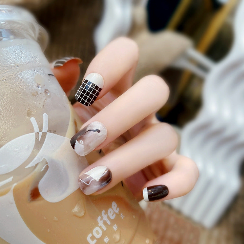 Fashion nail Autumn Autumn and Winter Manicure Fake Nail Patch Short Rendering Brown Wear Nail Finished Patch Wear Nail A58