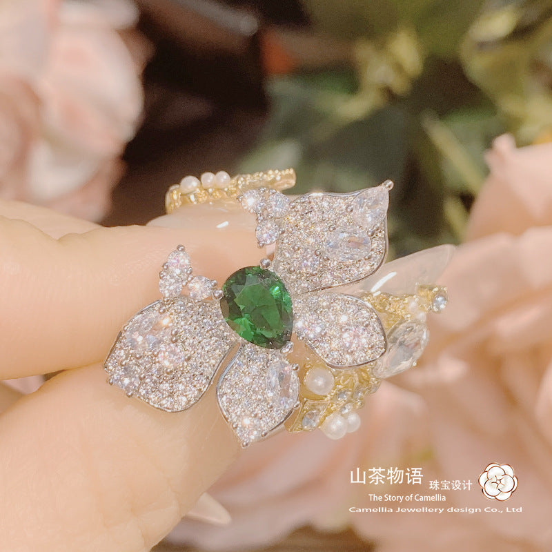 Camellia璀璨鸽血红宝石女士指环 镀金镶锆钻少女粉蝴蝶亲子戒指