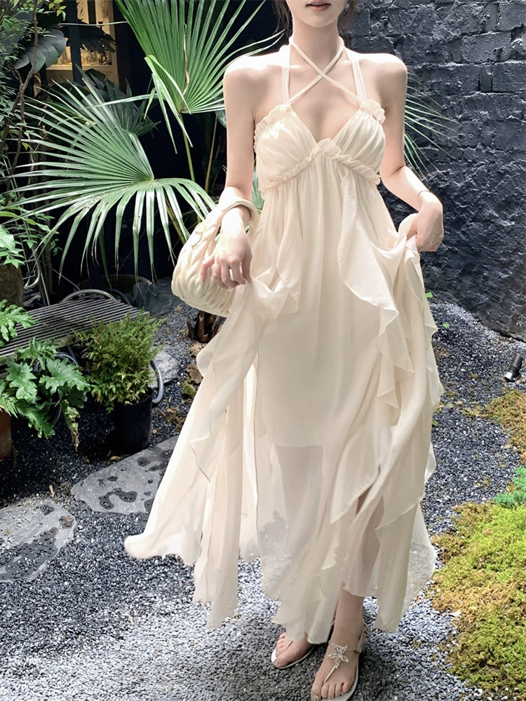 Fashion women's wear French Style Halter Spaghetti Straps Dress Women's Summer Fairy Temperamental Senior Sexy Backless Seaside Vacation Beach Dress