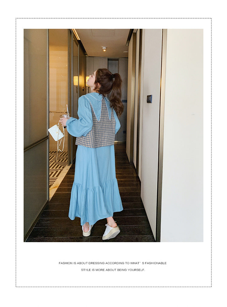 Fashion women's wear Real Shot Tea Series Ladies Long Sleeves Dress Women's Spring and Autumn French Style Gentle Cut Women's Wear Love Vest Suit Skirt