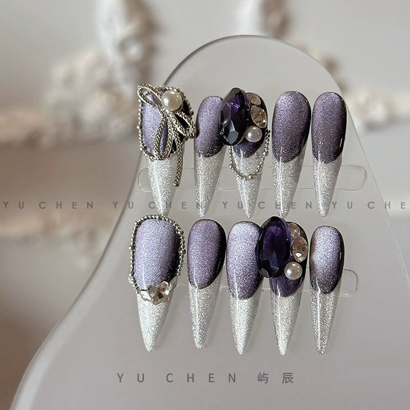 (Hand-made nail)屿辰原创| 紫色魅境k9冰透猫眼显白法式美甲中长款手工定制穿戴甲