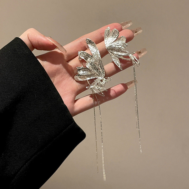 银针蝴蝶不对称链条流苏耳环个性轻奢冷淡风耳坠小众气质耳饰批发