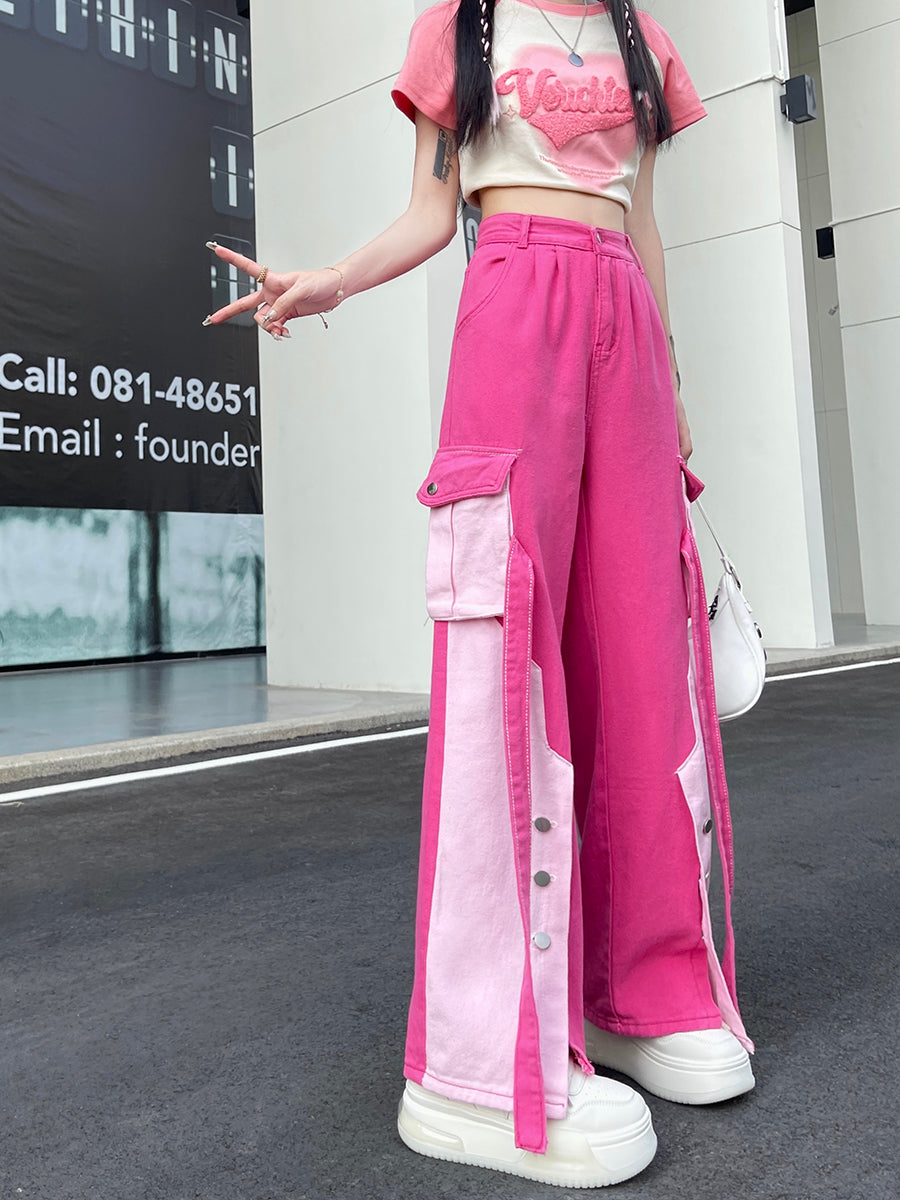 Dopamine pants Free shipping Tattoo Pink tooling jeans women's spring spice girl dopamine high waist temperament design sense color matching straight trousers
