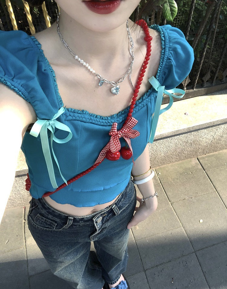 Dopamine tops Free shipping Tattoo Sweet dopamine braided rope bow lace-up short-sleeved T-shirt women's summer new cherry brooch short top