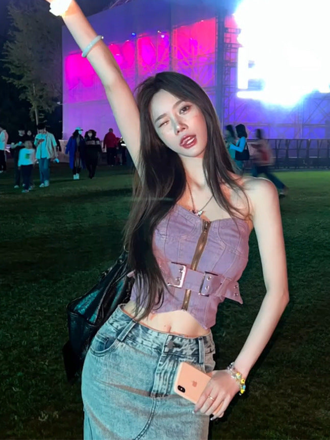 Dopamine tops Free shipping Tattoo Dopamine Spice Girl retro denim tube top women's summer new niche sexy and thin outer garter top