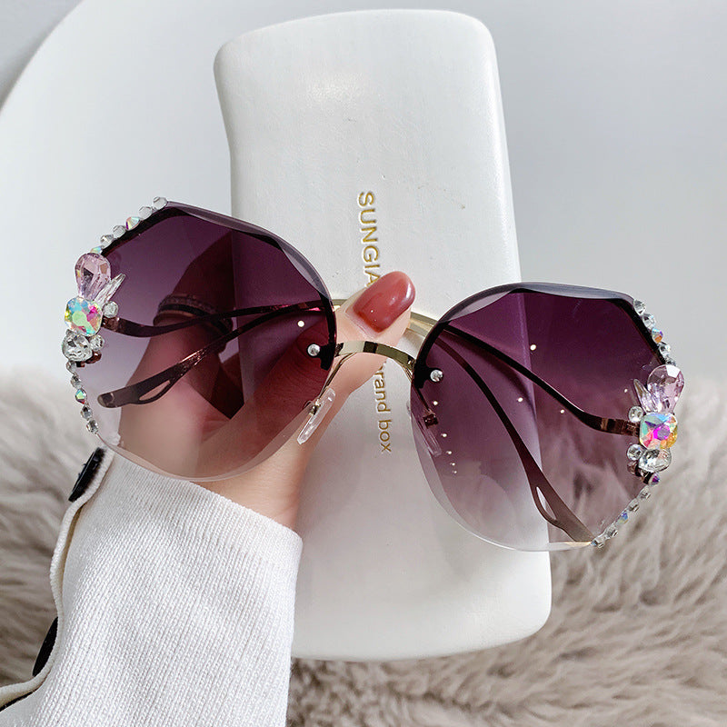 Women's fashion glasses 2024大框跨境韩版水钻太阳眼镜防紫外线水晶墨镜镶钻小香风眼镜女