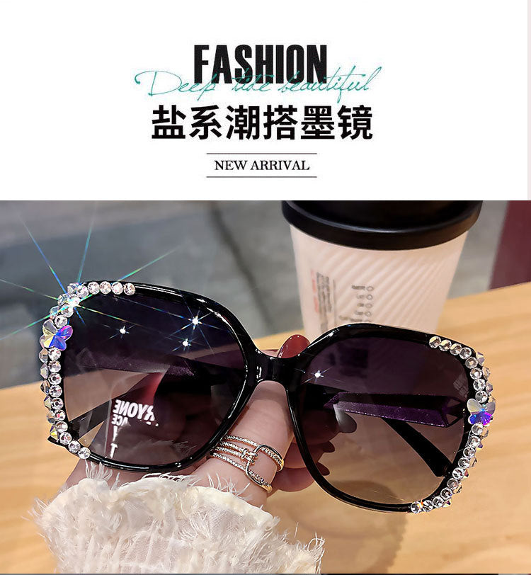 Women's fashion glasses 2023欧美新款偏光水钻太阳镜ins防晒防紫外线墨镜女大脸显瘦带钻
