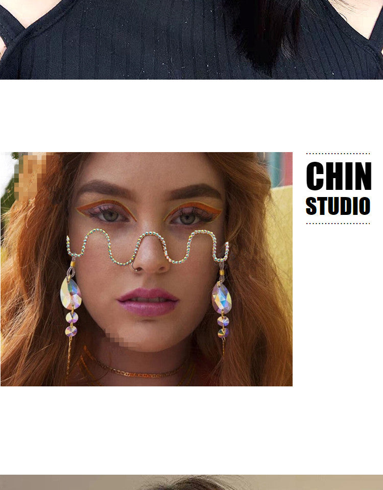 Women's fashion glasses波浪镶钻ins无镜片凹造型网红眼镜框架潮个性装饰线条显瘦素颜镜