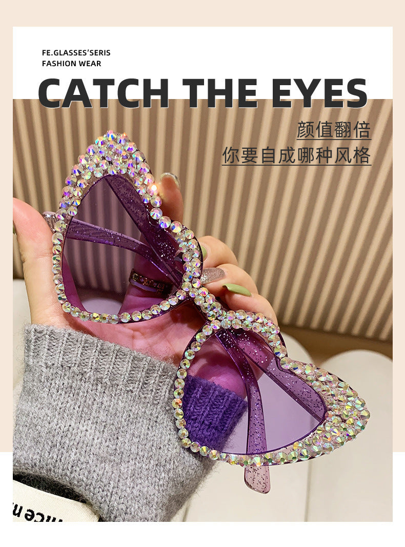 Women's fashion glasses 欧美新款跨境镶钻爱心女士太阳镜时尚心形墨镜潮流桃心眼镜果冻色