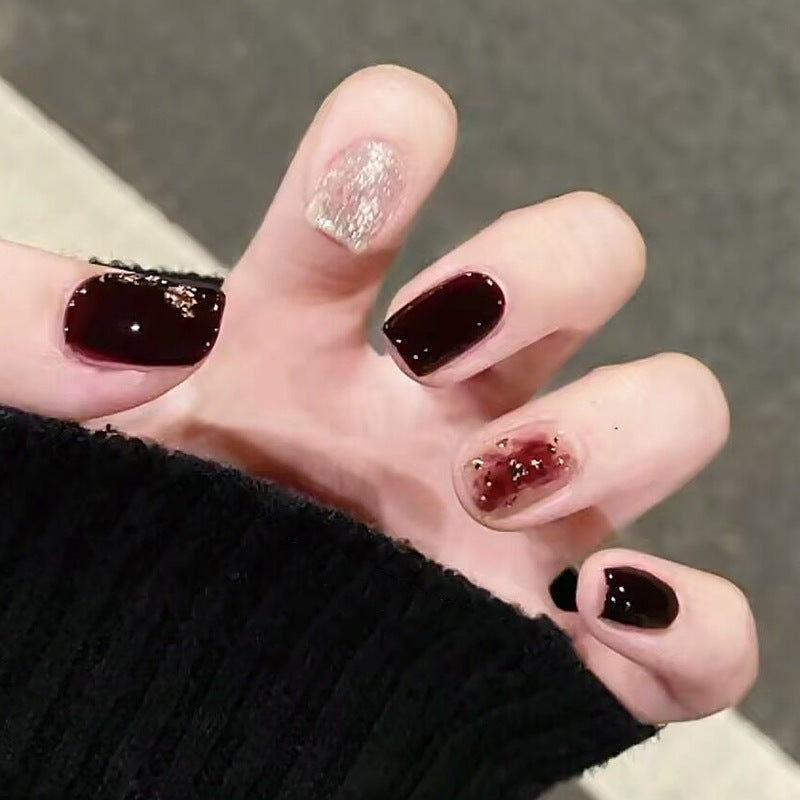 车厘子金箔穿戴甲晕染指甲贴片新款美甲片酒红假指甲新年美甲贴片