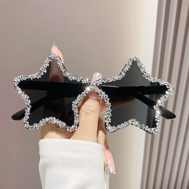 Women's fashion glasses 欧美新款五角星跨境镶钻无框太阳镜女时尚个性拍照墨镜夸张舞会