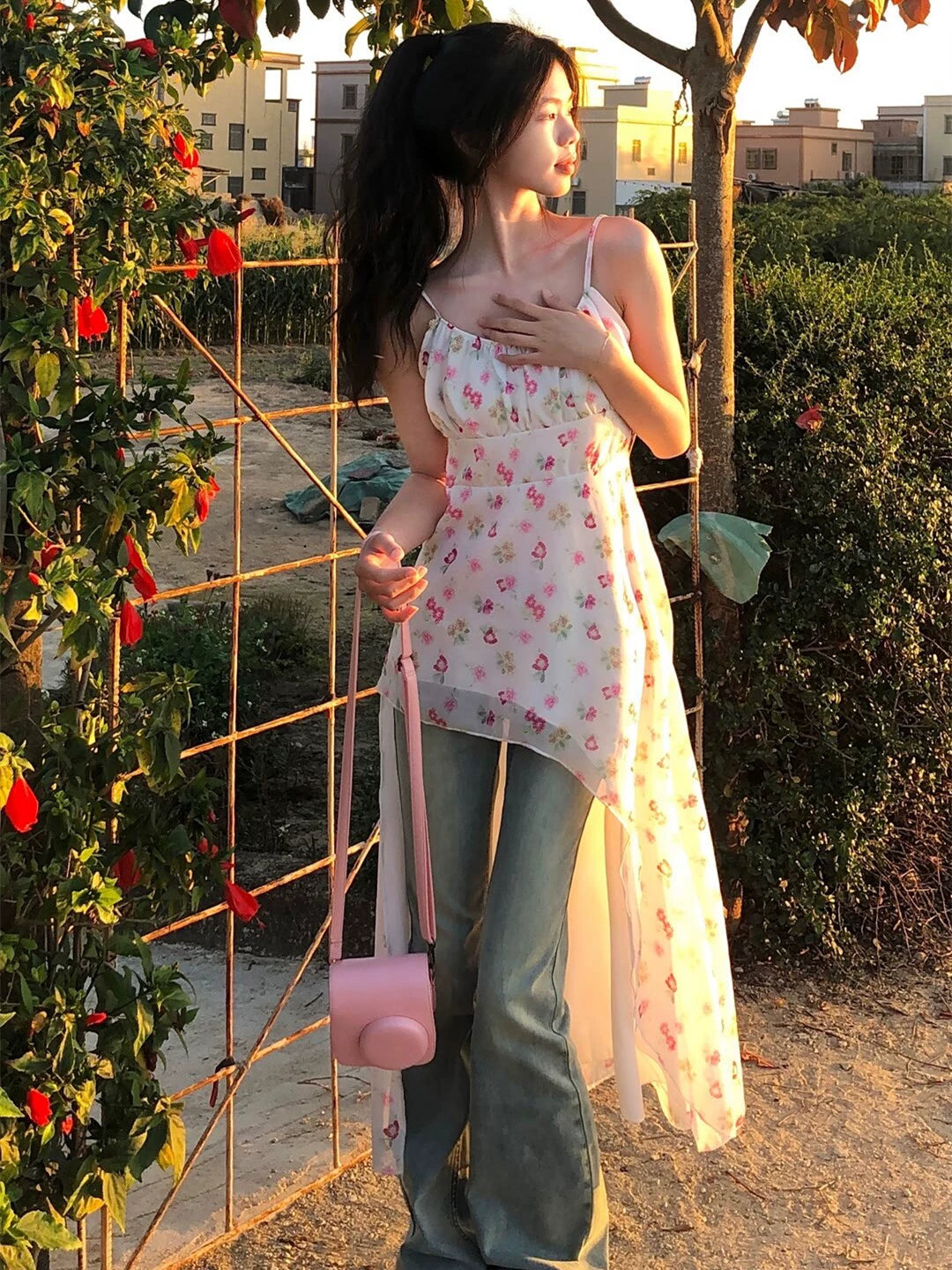 Fashion women's wear Girl Dress Irregular Floral Floral Dress Women's Summer Sweet Temperament Slant-Cut Bottom Waist Trimming Spaghetti Straps Long Dress