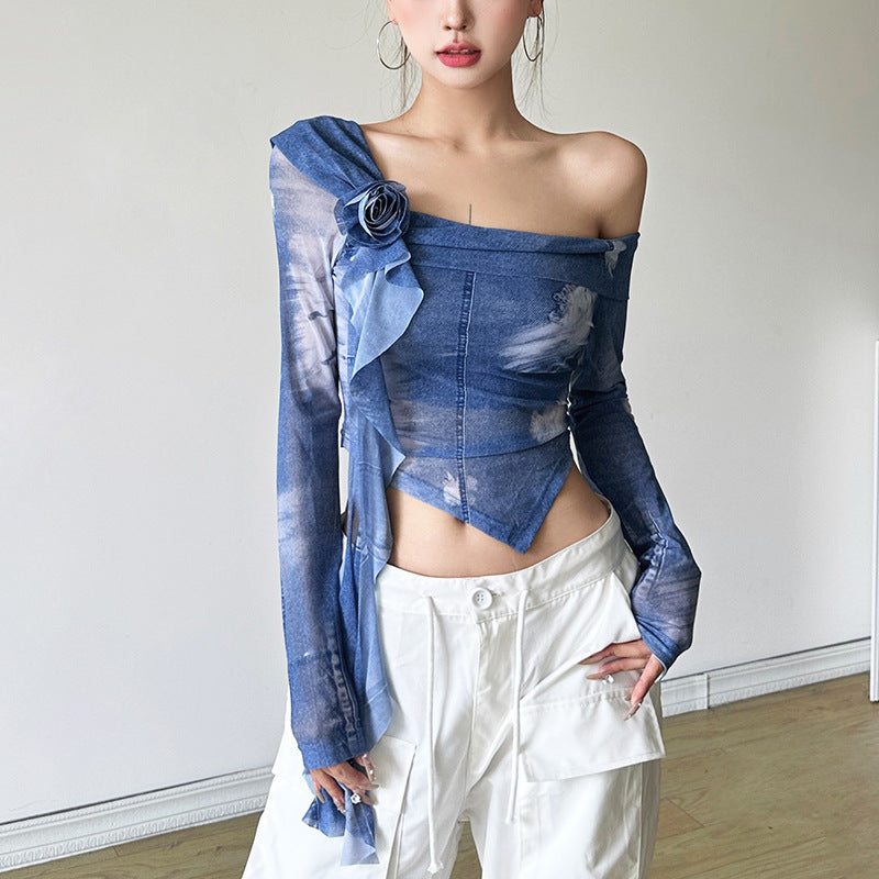 Free shipping new women's clothing solid color slim-fitting street fashion diagonal collar long-sleeved top women tops