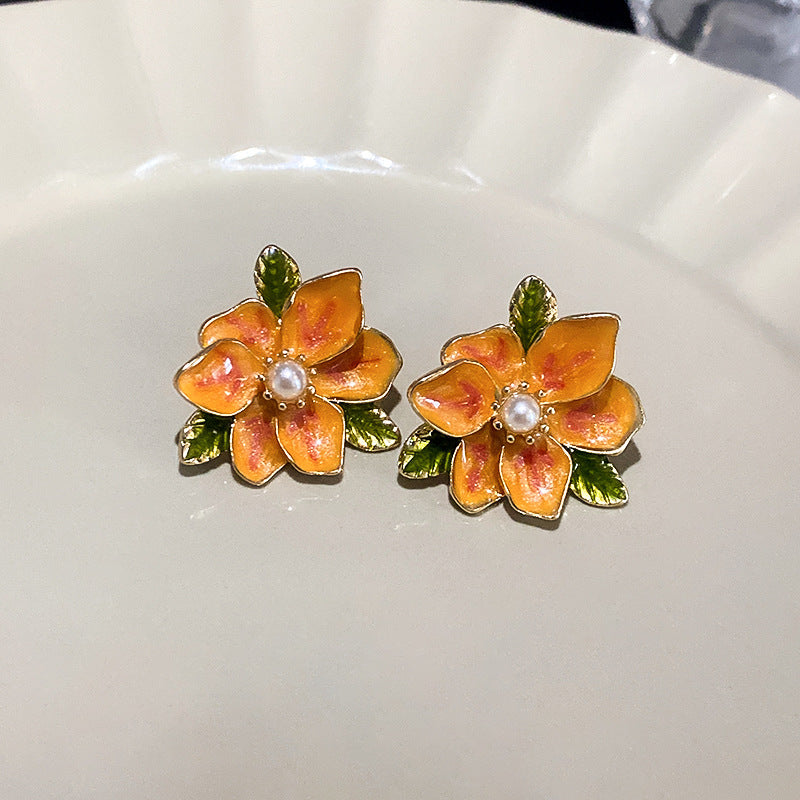 银针滴油渐变花朵耳钉小众时尚设计感耳环清新百搭创意耳饰批发女