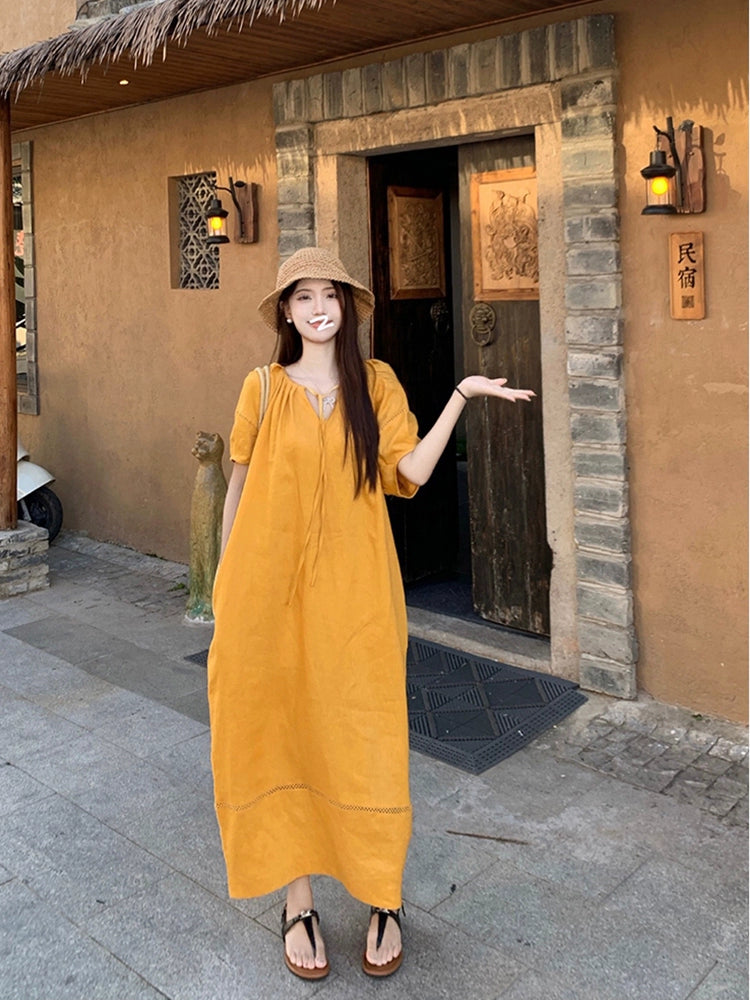 Dopamine dress Free shipping Tattoo Dopamine Lantern Sleeve Dress Women's Autumn New Loose V-Neck Lace-Up Lazy Style Chic Over Knee Long Skirt