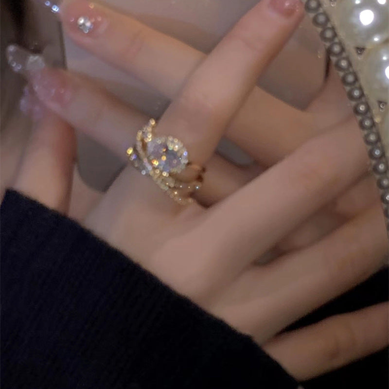 真金电镀精致百搭锆石开口戒指女轻奢小众叠戴个性设计食指戒批发