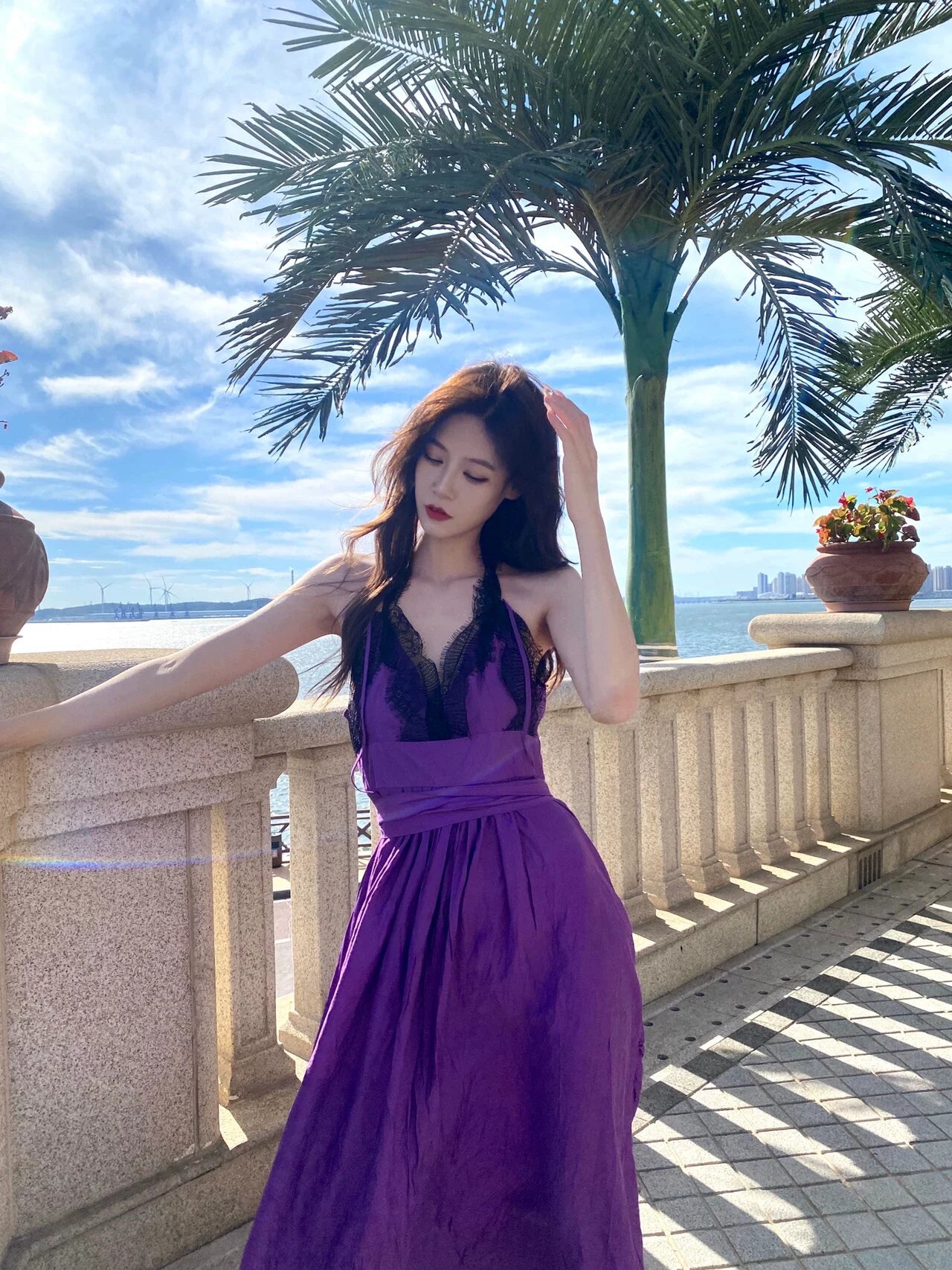Fashion women's wear French Style High-Grade Lace Stitching Purple Strap Dress Women's Waist Slimming Seaside Vacation Beach Long Skirt