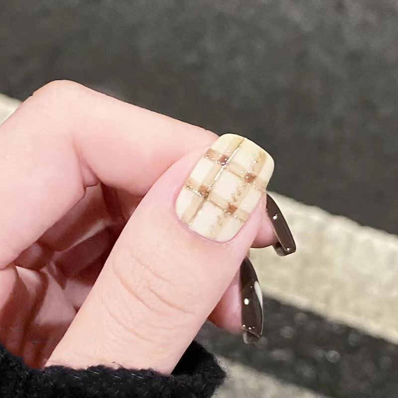复古米棕穿戴甲跳色指甲贴片格纹美甲片新款假指甲美甲贴片成品甲