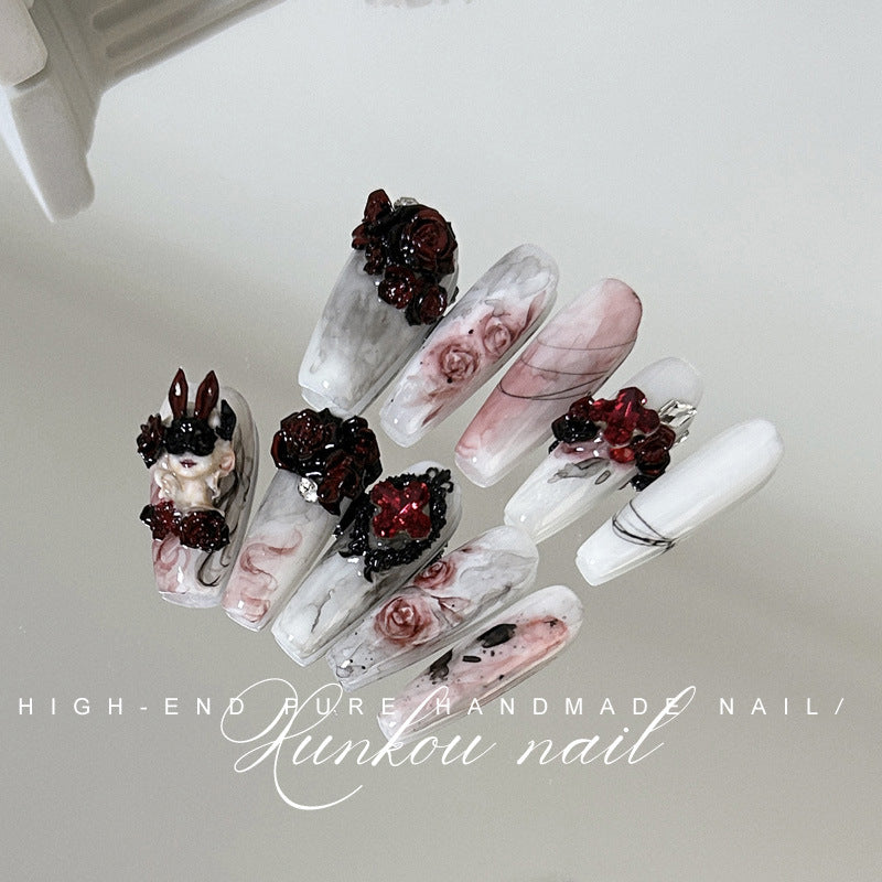 (Hand-Made Nail) Pure Hand-Wear Nail Manicure Dark Blooming Red Rose Flash Drilling Detachable Heavy Hand-Painted