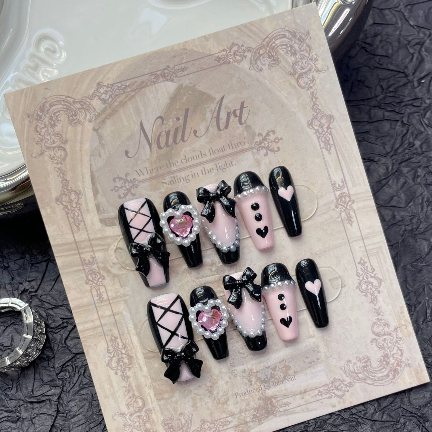 (Hand-made) Black Pink Barbie Heart of Hearts Manicure Nail Sticker (reusable)