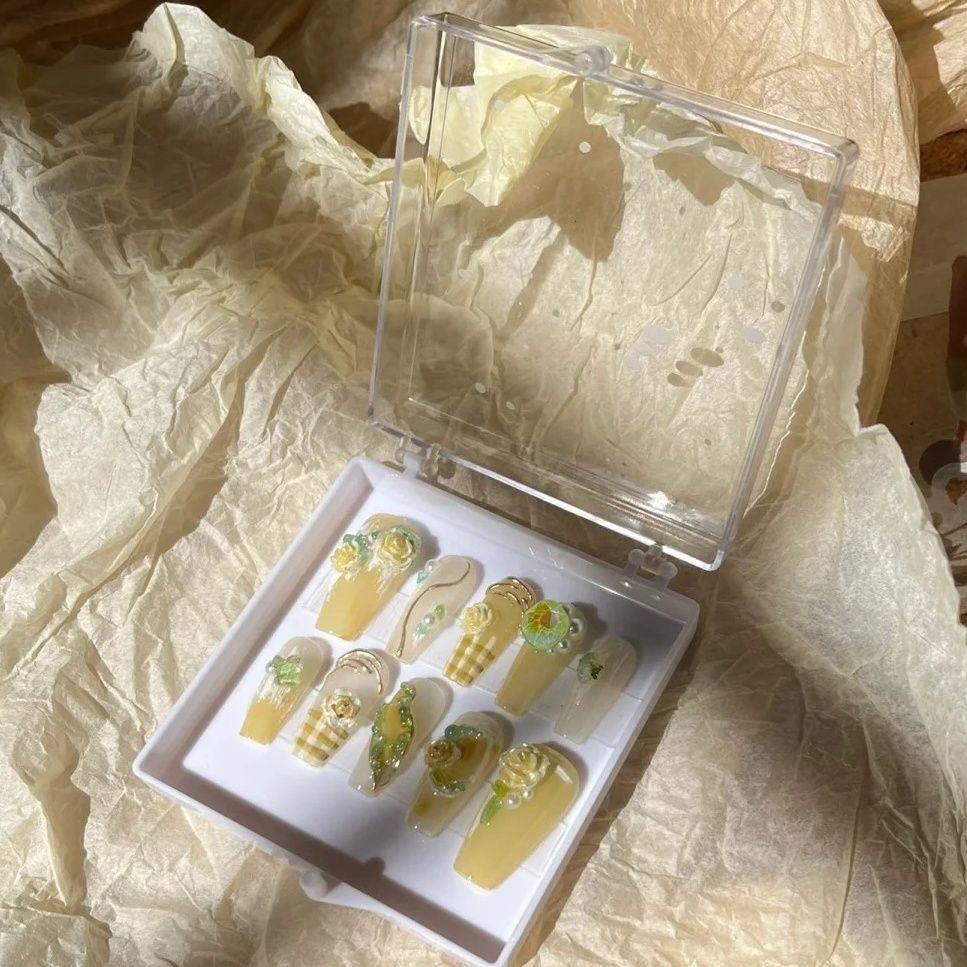 (Hand-Made Nail) Miss Meow Hand-Worn Armor Popular Recommend Creamy Green Plaid Camellia Nail Stickers Finished Product Wholesale