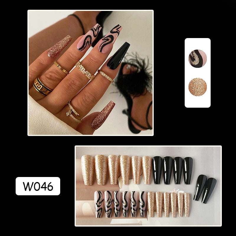 黑色金闪穿戴甲法式nails 跨境美甲片外贸假指甲棺材甲型美甲贴片