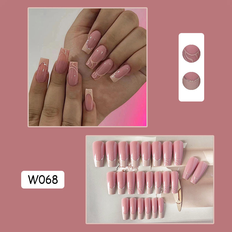 奶咖法式穿戴甲裸色nails 线条跨境美甲片外贸假指甲长甲美甲贴片