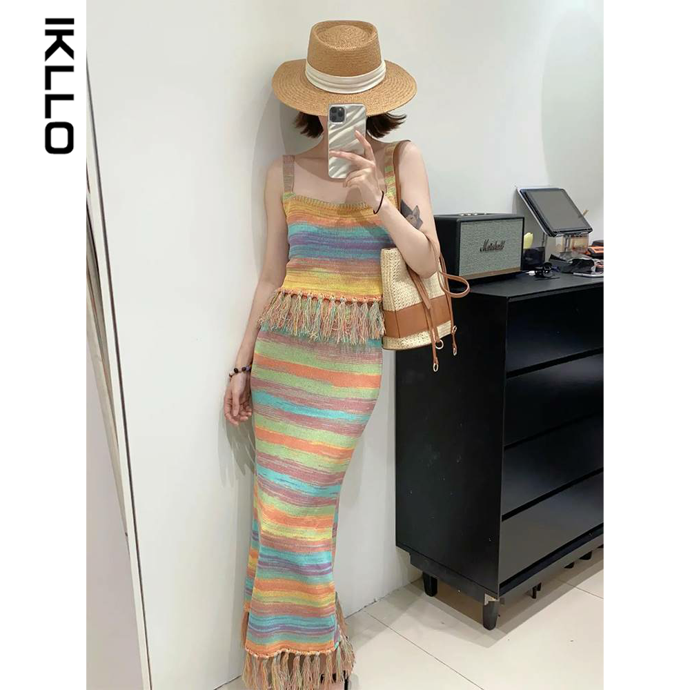Fashion women's wear Summer New Women's Seaside Holiday Rainbow Color Strap Dress Classic Style Set Matching Age-Reducing Suit Skirt