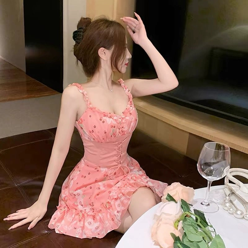 Dopamine dress Free shipping Tattoo Summer sweetheart pink suspender dress women's summer high sense small man pure desire wind dopamine princess A-shaped dress
