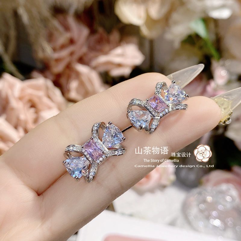 Camellia甜美小众立体蝴蝶结套装镶樱花粉锆气质耳饰项链戒指批发
