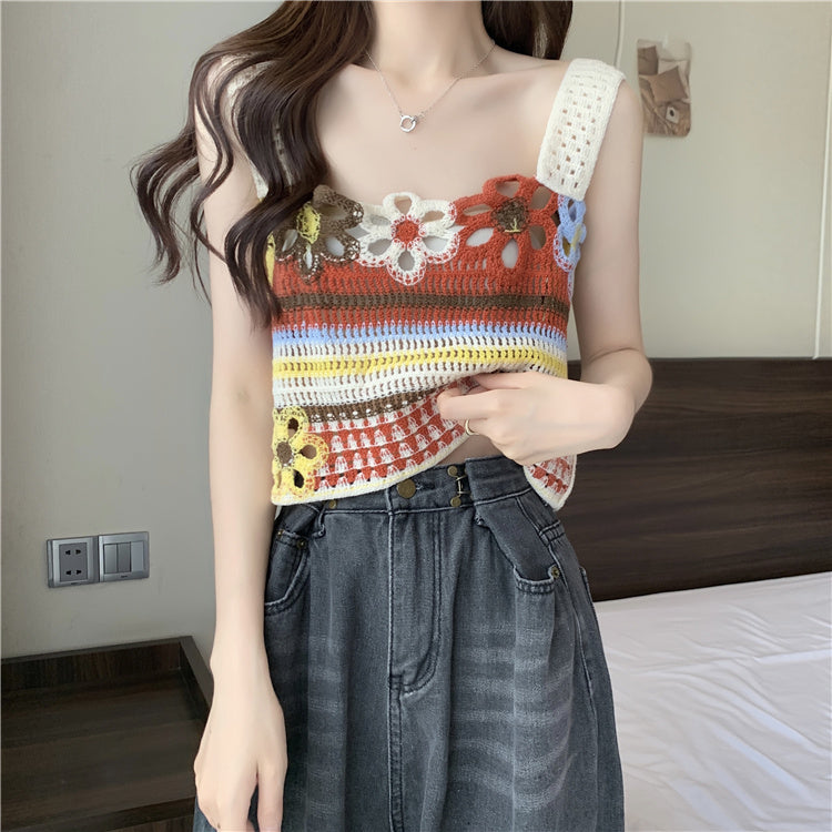 Dopamine tops Free shipping Tattoo Dopamine Stripe Hollow Suspender Small Vest Women's Xia Tailand Wear Ethnic Style Outside Thai Seaside Top