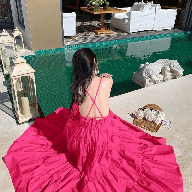 Fashion women's wear Yunnan Travel Photography Fairy Dress Orange Deep V-neck Backless Sling Dress Sanya Seaside Beach Skirt Female