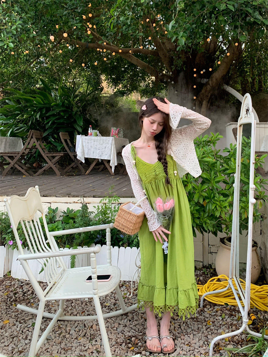 Dopamine dress Free shipping Tattoo Avocado green knitted hollow fringed suspender dress women's summer seaside vacation wind summer dopamine skirt