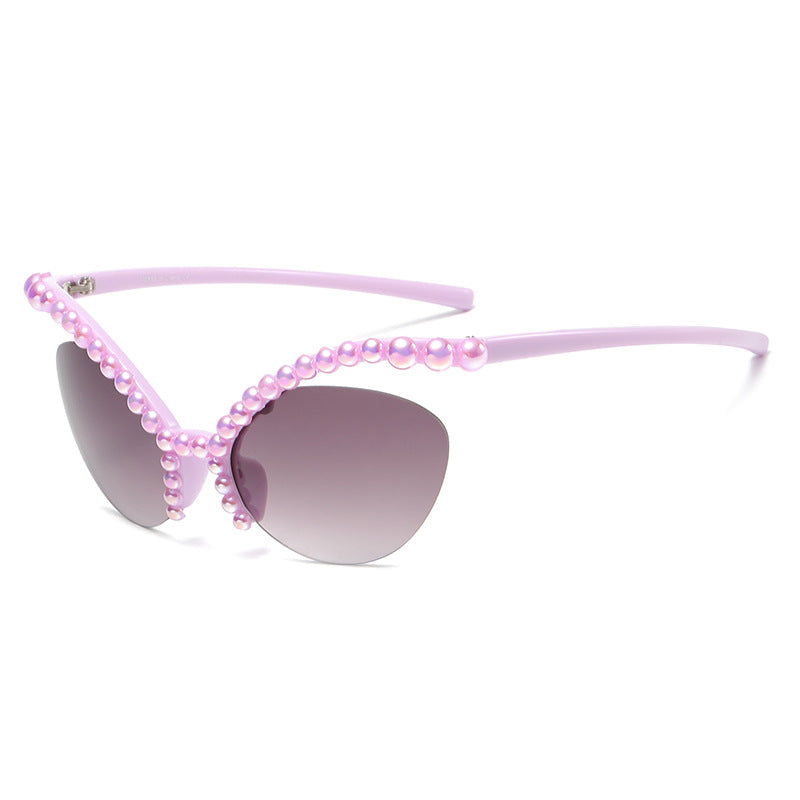 Women's fashion glasses 2023欧美异形框蜻蜓镶钻墨镜潮流水晶珍珠太阳眼镜户外防晒显瘦女