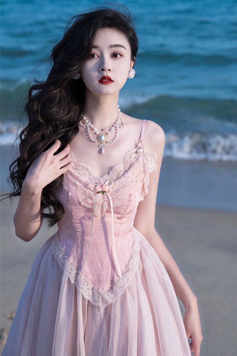 Fashion women's wear French Fried Street Tea Break Milk Sweet Escape Princess Dress Sweet Salt Pink Roses Pure Desire Beautiful Sling Dress