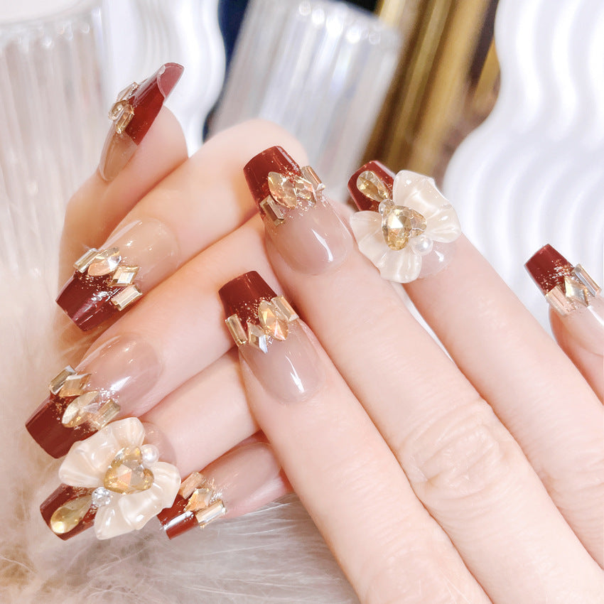 Fashion nail New Year Manicure Wear Nail Ins Advanced Pure Desire Wind Nail Patch Finished Product Wear Nail Rhinestone Bow U23
