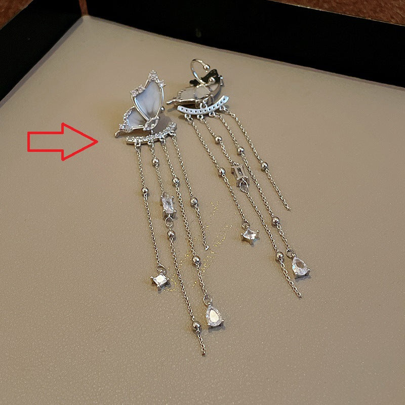 银针锆石蝴蝶翅膀流苏耳环时尚甜美气质耳钉小众设计感耳饰批发