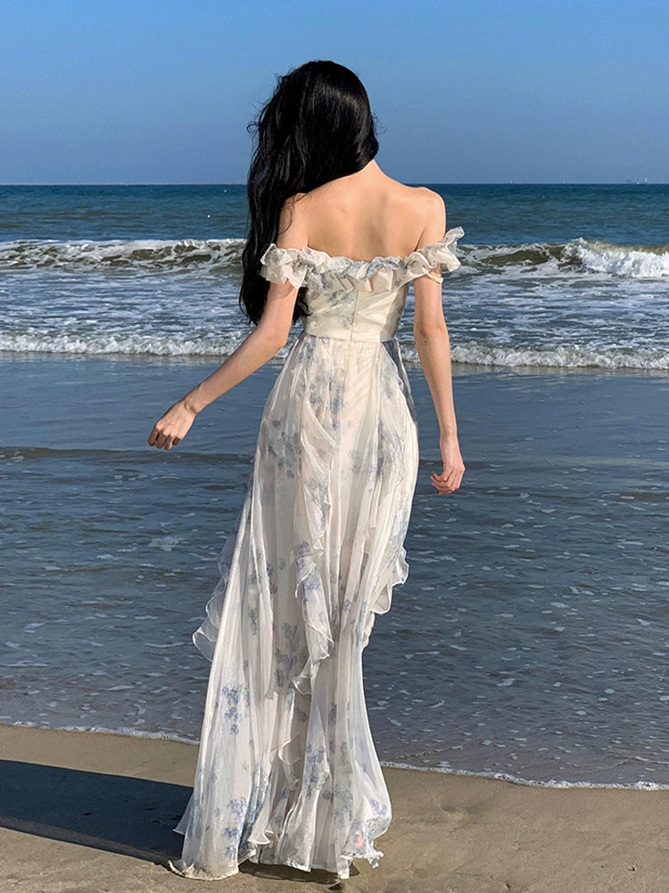 Fashion women's wear French Style Beautiful Floral off-Shoulder Spaghetti Straps Dress Female Summer Super Fairy High Sense Seaside Holiday Princess Long Dress
