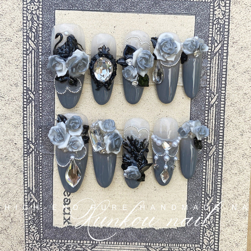 Hand-Made Nail Factory Straight Hair Manicure Black Swan Three-Dimensional Black Color with Carved Flower Rose Dark High Grade Gray