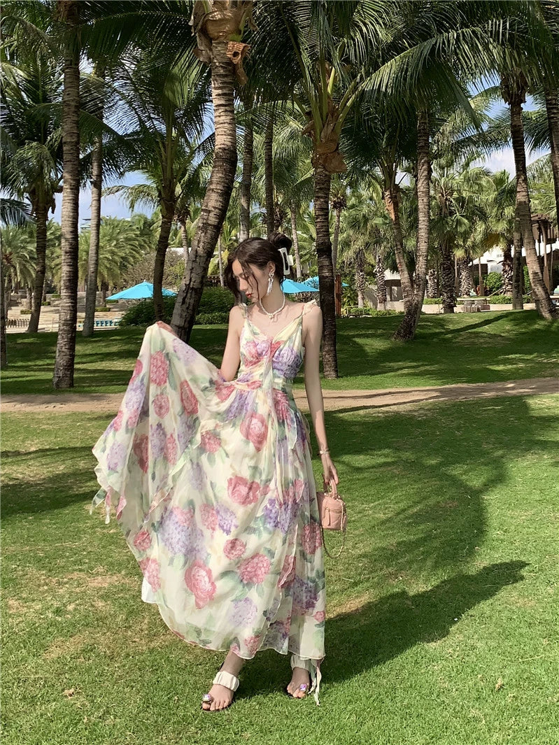 Fashion women's wear French Sweet Gentle Spaghetti-Strap Ruffle Floral Dress Women's Summer Vacation Fairy Large Swing Suspender Dress