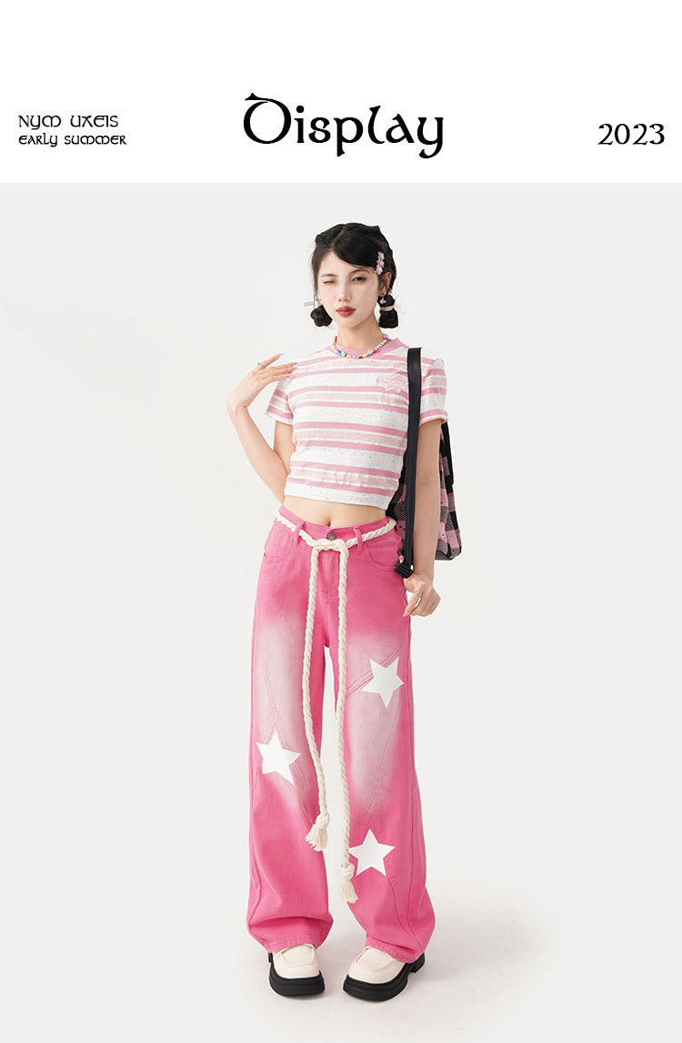 Free shipping Dopamine wears pink star embroidered jeans for women's summer new high-waisted and thin straight wide-leg trousers pants