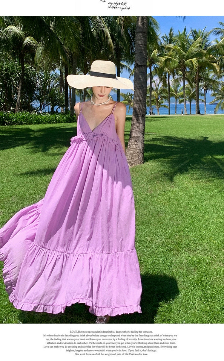 Fashion women's wear Fabric Romantic Lace Dress V-neck Comfortable Loose Vacation Suspender Dress Chic Beautiful Purple Dress