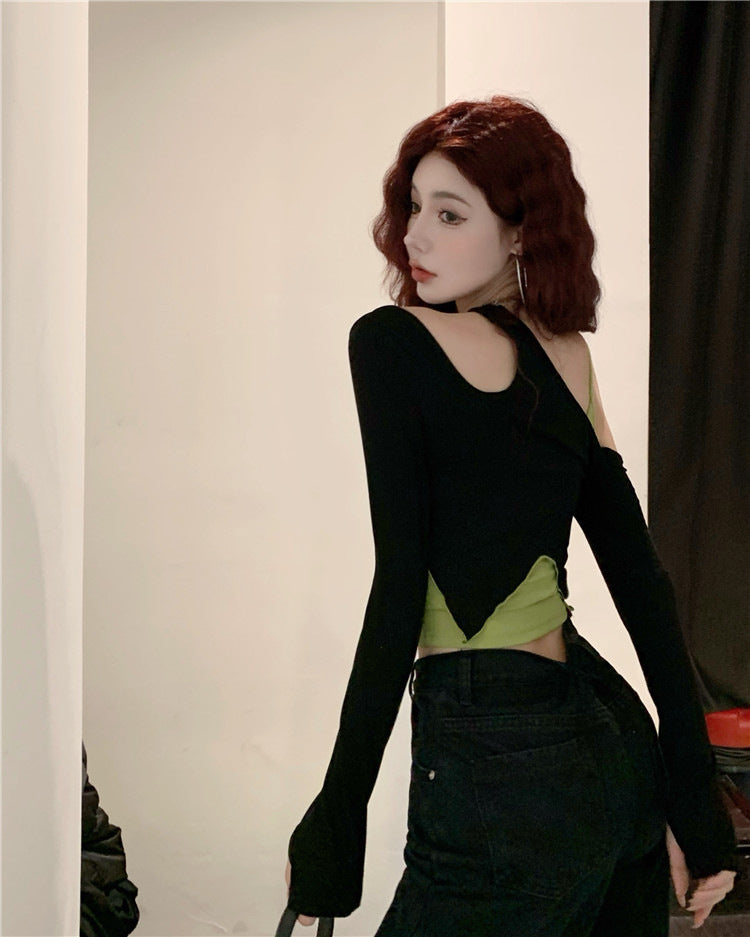 Free shipping Cool girls and hot girls wear sweet and spicy tops ins jazz girl group pure desire style slim T-shirt women's clothing design sense niche tops