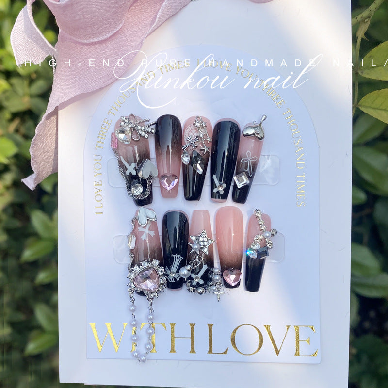 (Hand-Made Nail) Handmade Wear Nail Factory Straight Hair Sweet Hot Girl Ice through Pink Black Gradient Coloring Flash Heart Cool