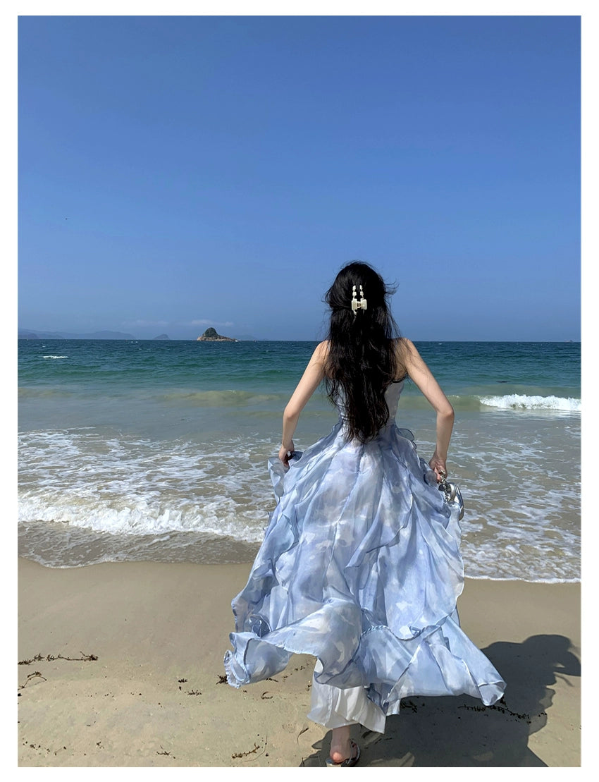 Fashion women's wear Phantom Fairy Seaside Vacation Elegant Beach Dress Ruffled Escape Princess Skirt Summer Sling Dress