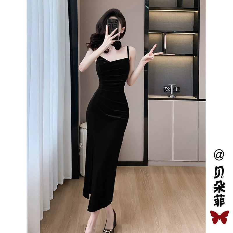 Fashion women's wear French Style Adult Lady like Woman Pleuche Spaghetti-Strap Dress Women's High-Grade Red Evening Dress 2024 Spring Women's Clothes Long Dress