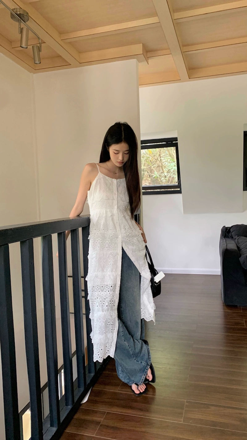 Fashion women's wear Fashionable Embroidery Hollow out Sweet Spaghetti-Strap Dress Women's Clothing Spring 2024 New Mid-Length Waist Split Skirt